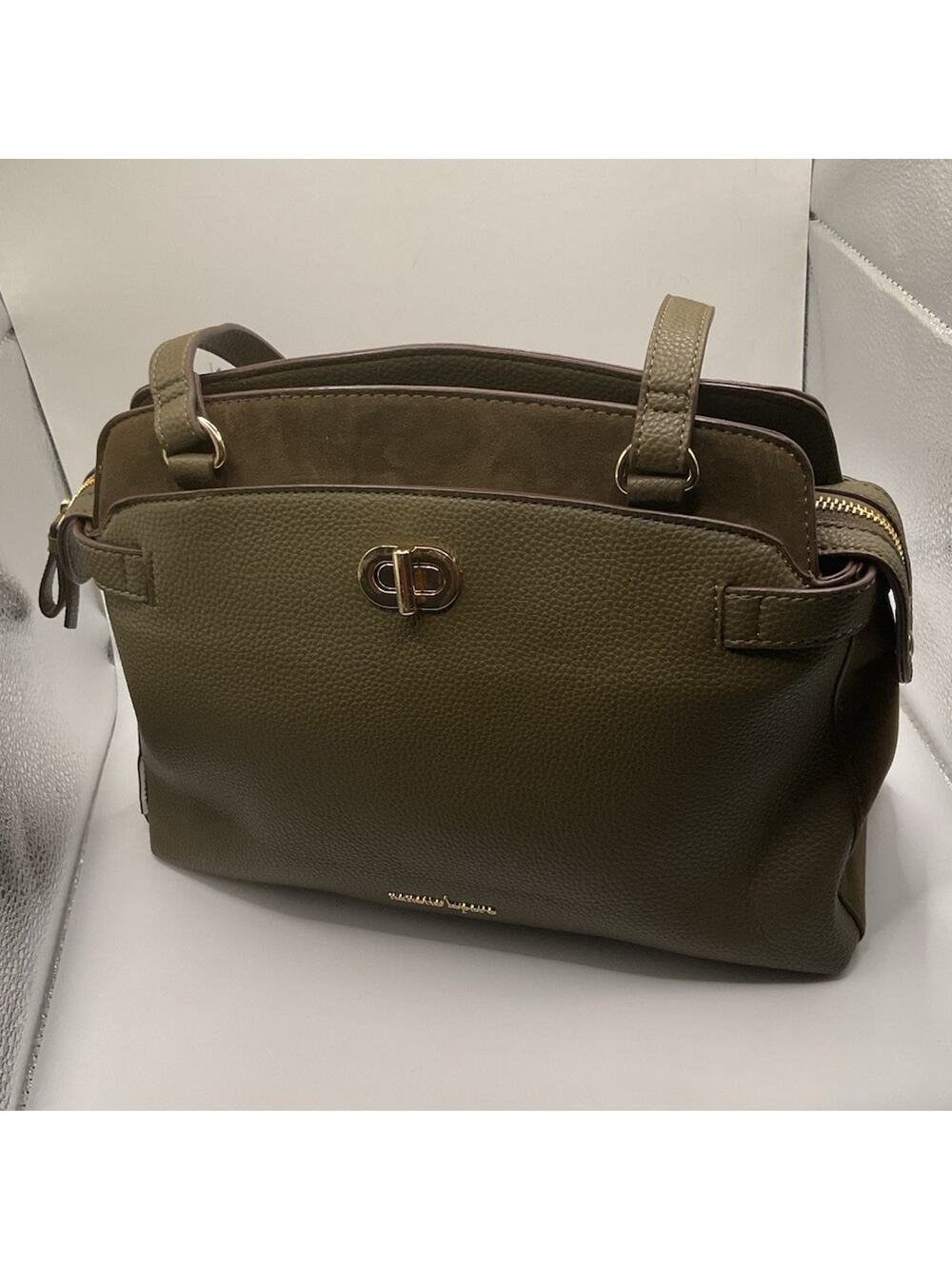 Nanette Lepore Green Pebbled Satchel Zip Top Handle Detachable Strap Gold